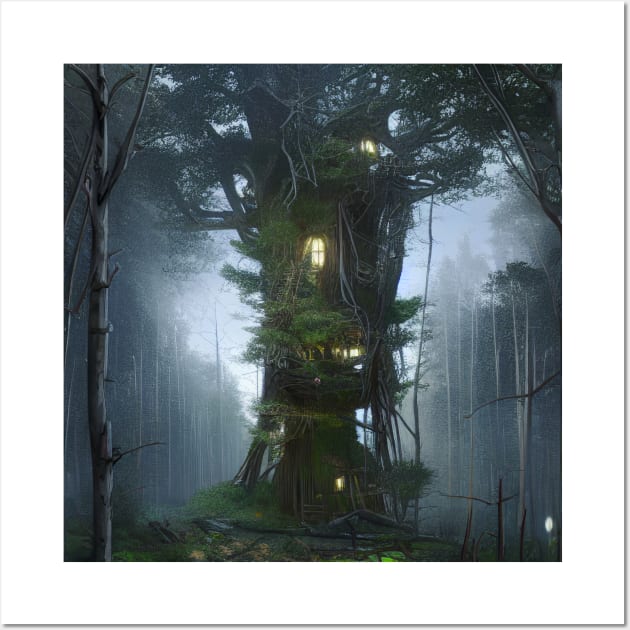 Magical Tree House in Forest with High Trees, Scenery Nature Wall Art by Promen Art